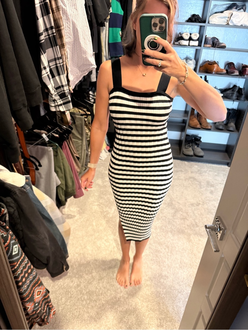 Black & White Striped Knit Midi Dress - Sleek Square Neck